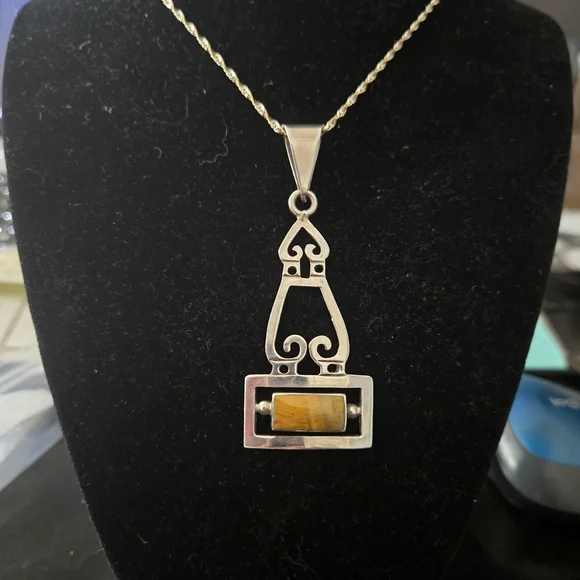 Artisan Modernist Sterling Silver & Agate Necklace 19" - Picture 3 of 4